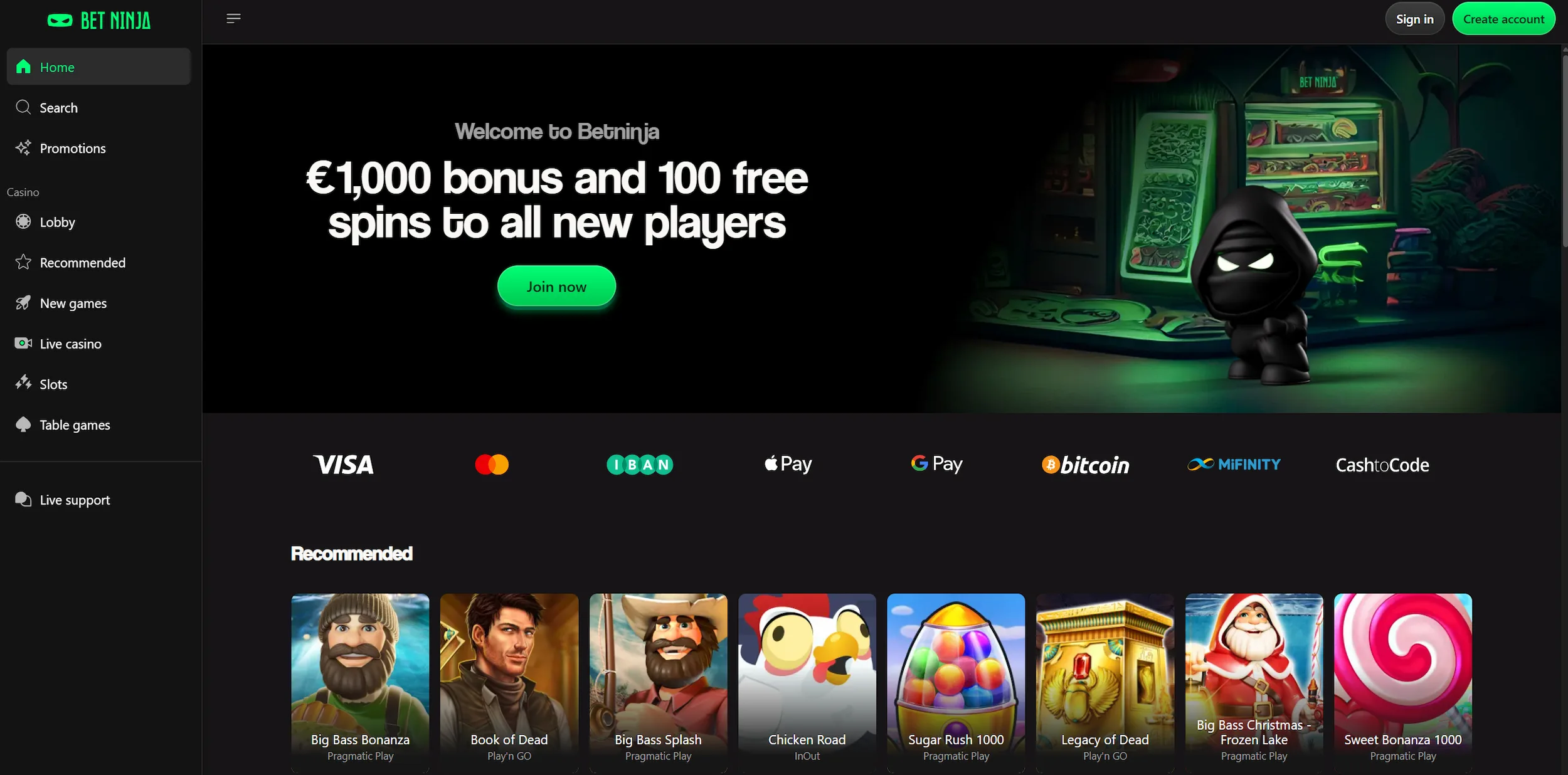 BetNinja casino frontpage displaying welcome bonus offer, recommended online pokies and site navigation